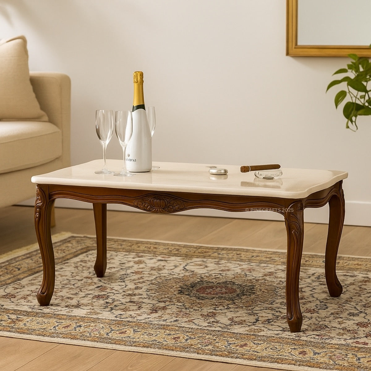 Decorative coffee table with marble top and wooden legs in a living room setting.